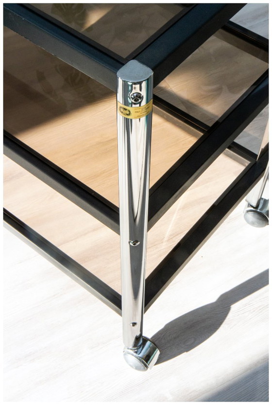 Image 1 of Consolle ERARD (Francia), tavolino laterale in metallo nero e vetro fumé, 1980