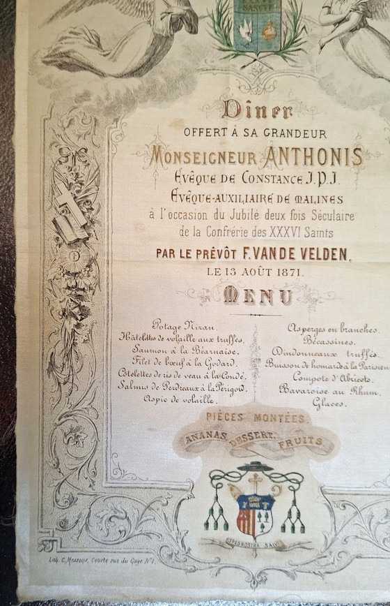 Image 1 of Rare 1871 Silk Menu Antwerp Belgium – Monseigneur Anthonis Jubilee Banquet