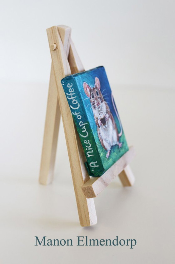 Image 1 of Hand-painted Little Mouse with Cup of Coffee 6x4 cm