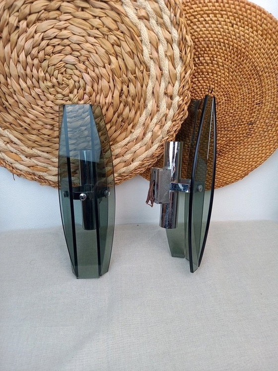 Image 1 of Paar VECA Italiaanse wandlampen voor Fontana Arte - verchroomd staal en kristalglas - jaren '60