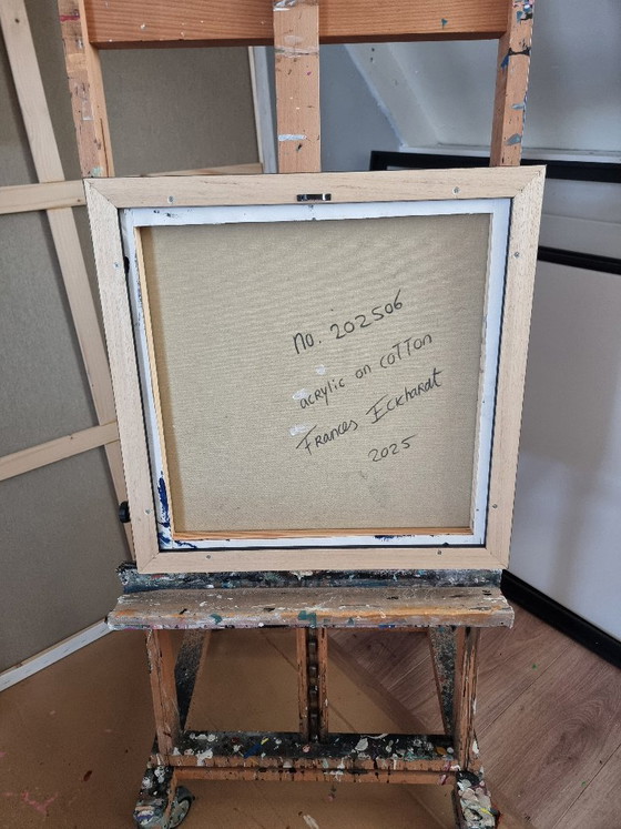 Image 1 of Frances Eckhardt - 50x50 cm handgeschilderd abstract blauw schilderijtje ingelijst