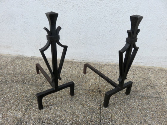 Image 1 of Hammered wrought iron andirons, French work in the style of Subes and Poillerat, 1940s-1950s