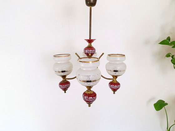 Image 1 of Vintage kroonluchter, 4 Arm Messing Keramiek en Glas Plafondlamp, Vintage Licht Armatuur, 70s Hanglamp, Mid Century Modern Lam