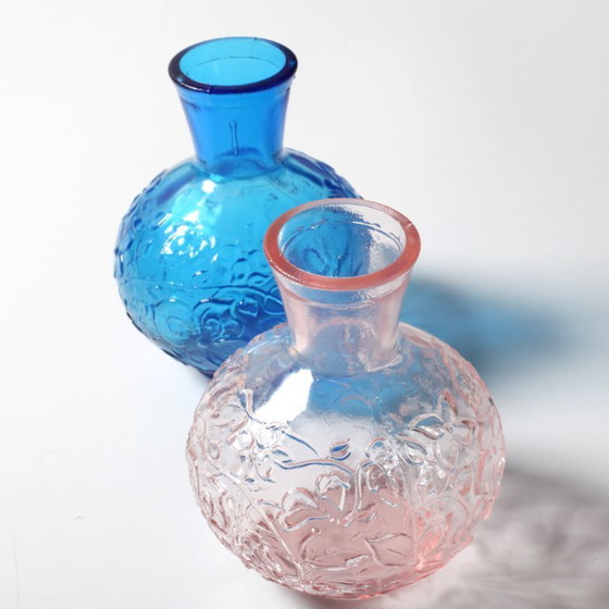 Image 1 of Set of 2 Vintage Pressed Glass Vases, Blue & Pink Floral Set, Italy 1960s
