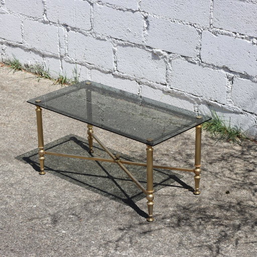 French vintage smoked Glass and Brass Coffee Table - Lounge Table Hollywood Regency Style-80s
