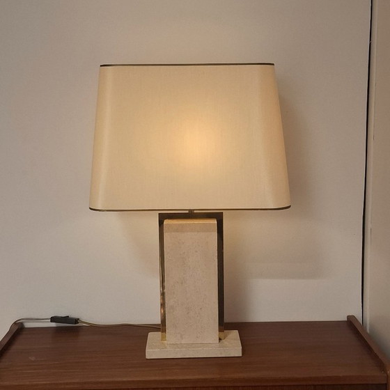 Image 1 of Lampe de table vintage en travertin et chrome doré - Pierre naturelle
