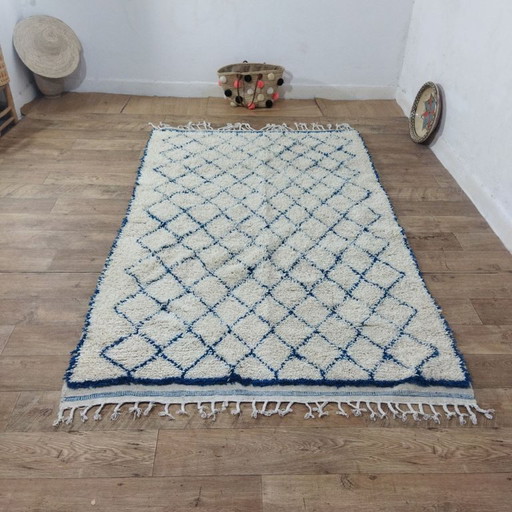 Modern Handmade Berber Rug – Handmade Berber Carpet | Cream Wool Moroccan Rug with Blue Geometric Patterns