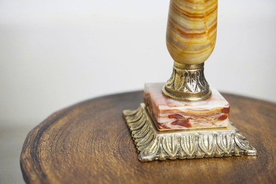 Image 1 of Vintage Pink Onyx Marble Table Lamp with Sage Green Pleated Shade, Italian Brass Bedside Lamp, Art Deco Hollywood Regency Accent