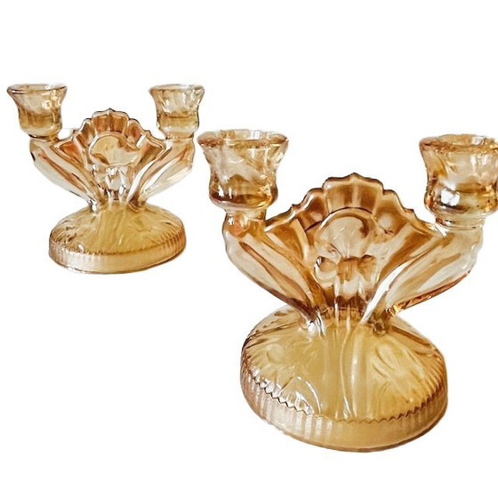 Image 1 of Vintage pair of Jeanette Carnival glass peach candlesticks art deco 1930s