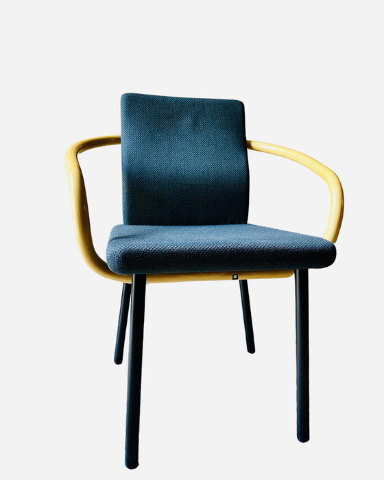 Image 1 of 4x Mandarin stoel van Ettore Sottsass voor Knoll, 1986 - Blauwe stof, armleuningen in bamboelook