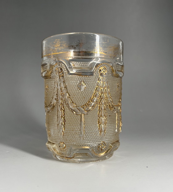Image 1 of Gobelet en verre pressé Art nouveau, vers 1910 – Bohême (Inwald) – partiellement doré