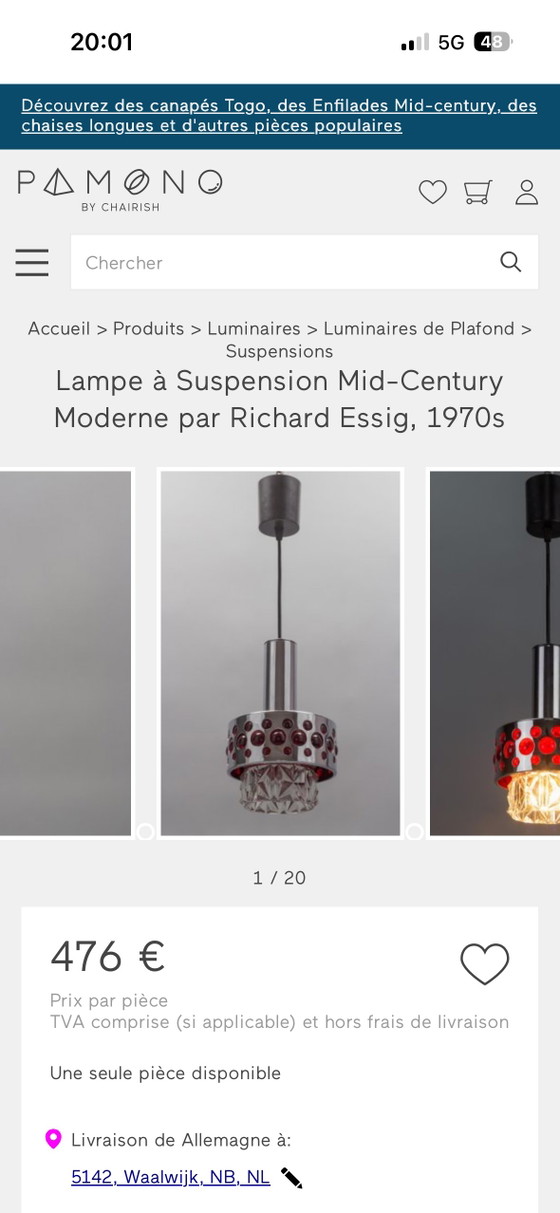 Lampada a sospensione originale Richard Essig Space Age (anni '70) in cromo e rosso rubino (photo 7 of 11)