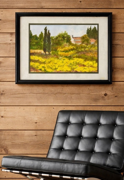 Vintage watercolor painting of rapeseed fields in the Drôme Provençale region