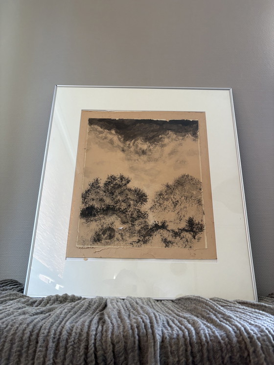 Image 1 of Vintage ink drawing on handmade paper signed h72cm