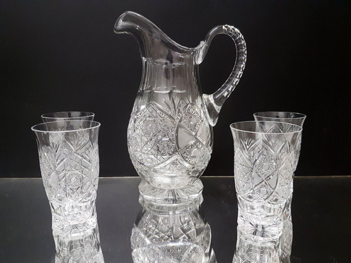 Brocca di cristallo e 4 bicchieri / Poděbrady 