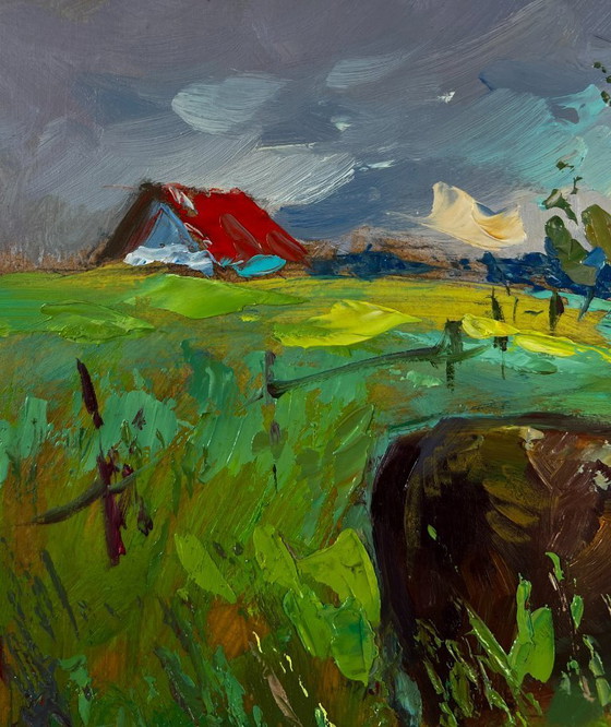 Image 1 of Original Oil Painting Summer Nature Landscape Cows In A Flower Field