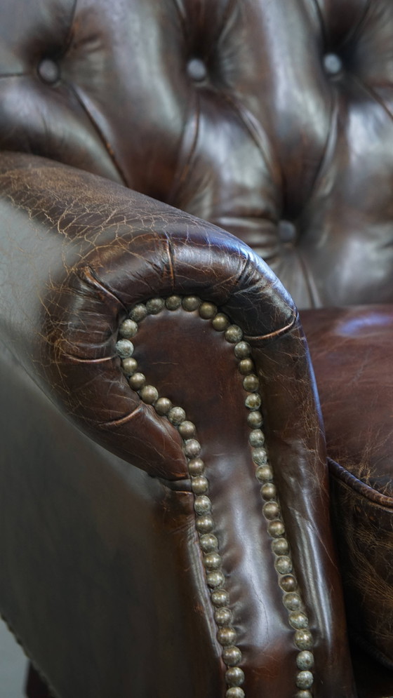 Image 1 of Cognackleurige Bruin Rundleren Chesterfield Fauteuil