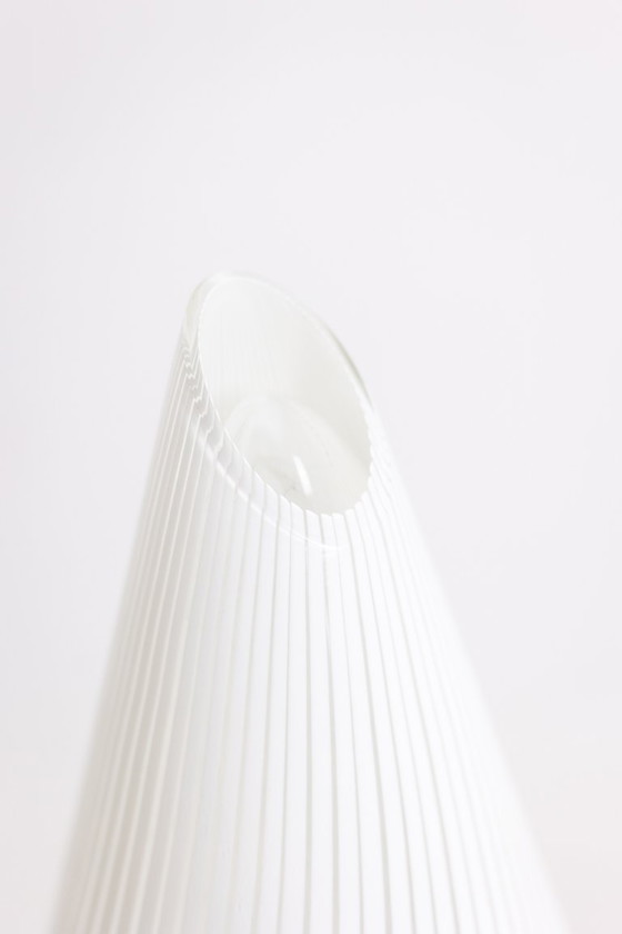 Image 1 of Conical Murano glass lamp with white striped pattern.  From the '70s.