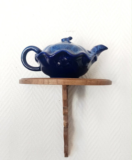Image 1 of Art Deco blue ceramic teapot with frog