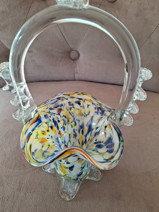 Cesta de cristal estilo Murano – cristal artístico vintage, soplado a mano, colorido