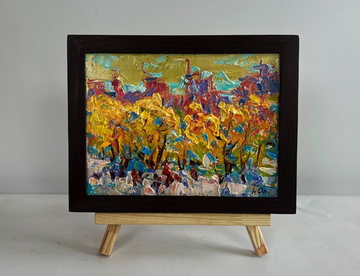 Original Oil Painting Autumn City Landscape Autumn city alley