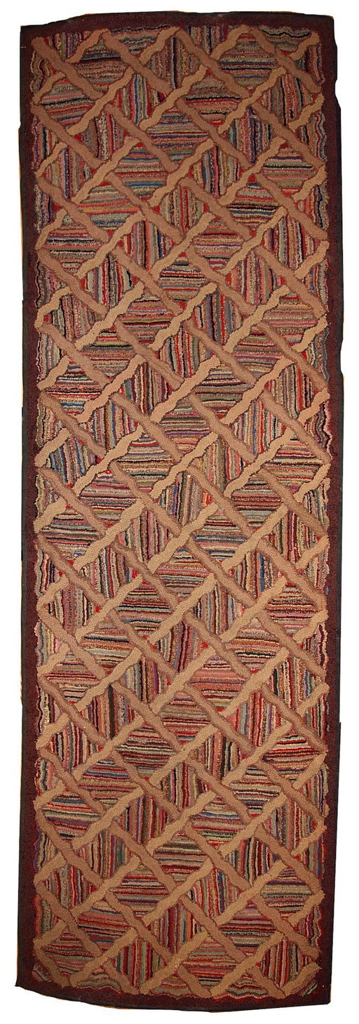 Handmade antique American hooked runner 2.9' x 8.3' (88cm x 252cm) 1880s - 1B439