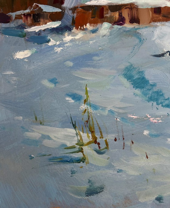 Image 1 of Original Oil Painting Winter Village Landscape Along the snowy path