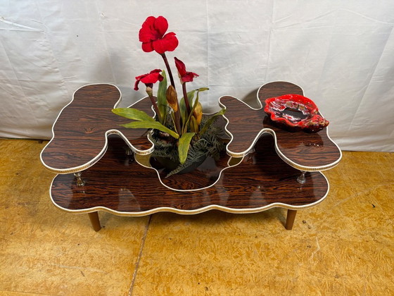 Image 1 of Mid-Century Retro Vintage Tiered Coffee Table / Plant Stand 1960  Dark Formica Grain Finish • White Trim • Unusual Shape • Styli