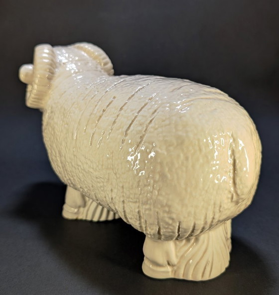 Large Cream Glazed Ceramic Ram – 30 cm – Sculpture (photo 5 of 10)