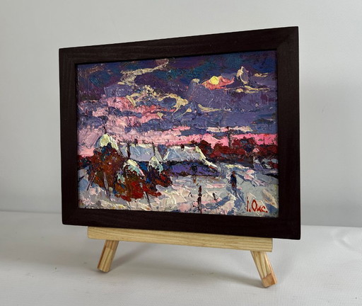 Original Oil Painting Evening Village Landscape Pink winter evening