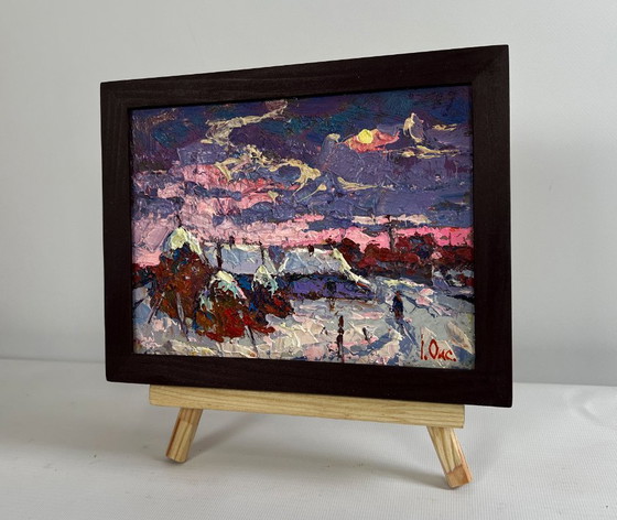 Image 1 of Original Oil Painting Evening Village Landscape Pink winter evening
