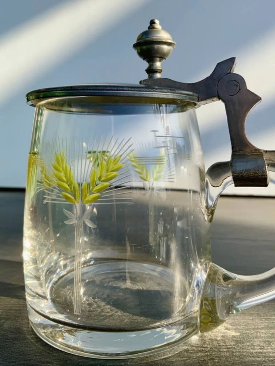 Image 1 of Boccale da birra antico con coperchio in peltro e smalto dipinto a mano (0,4 l)