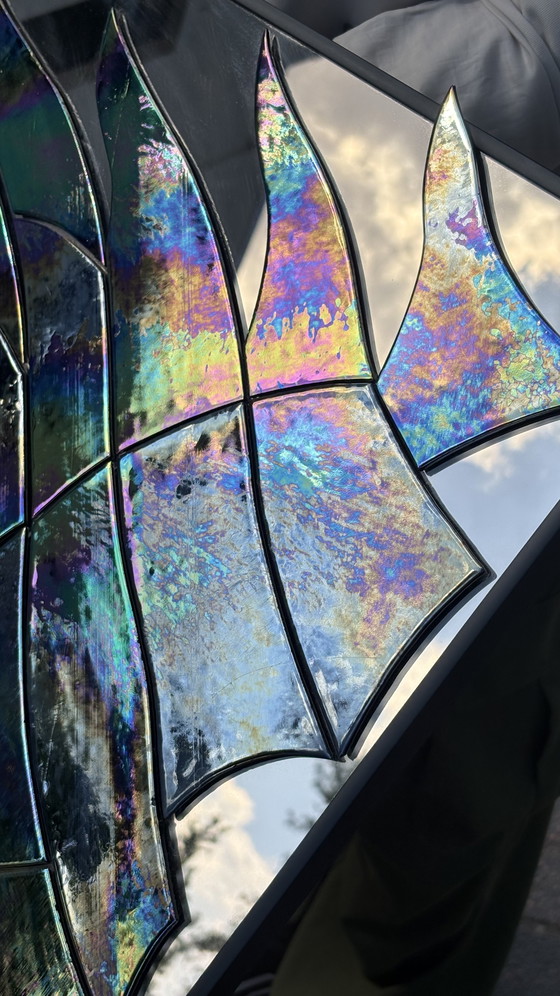 Image 1 of Specchio da toeletta a terra, opera d'arte realizzata a mano in vetro fumé e vetro ad olio a forma di palma