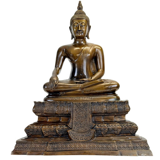 Buda tailandés de bronce Luang Phor sobre base ornamentada – 44,5 cm