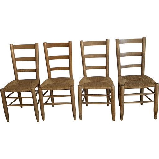 Set van 4 vintage stoelen van hout en stro