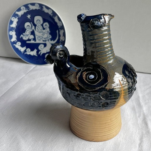 Sculpturaal vogelbeeldje van steengoed door Hanne Stentøj - Danish Ceramics Cobalt Blue, 1960