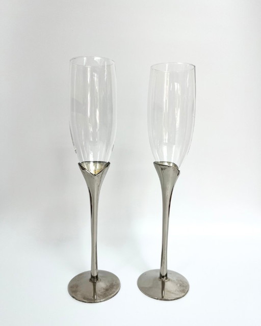 Coppia di flûte da champagne vintage placcati in argento – Francia, anni '70