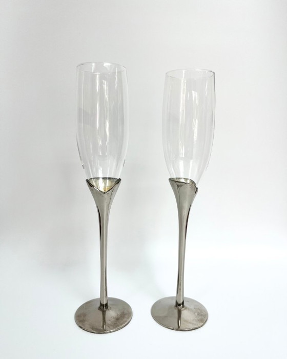 Image 1 of Coppia di flûte da champagne vintage placcati in argento – Francia, anni '70