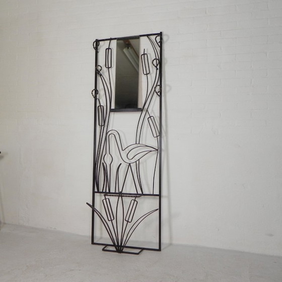 Steel standing wall coat rack with bird motif, 1950s, Metal, Glass, Black, Mid Century Modern (photo 2 of 10)