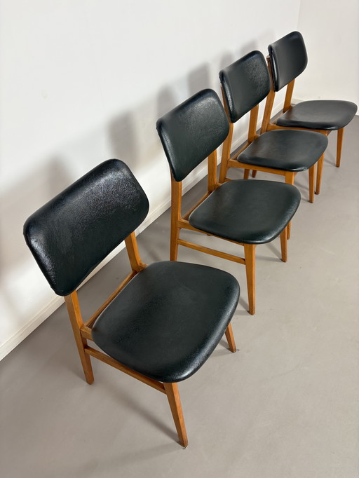 4 x Beuken met Donkergroene Skai Eetkamer Stoelen 1960’s Möbel DDR