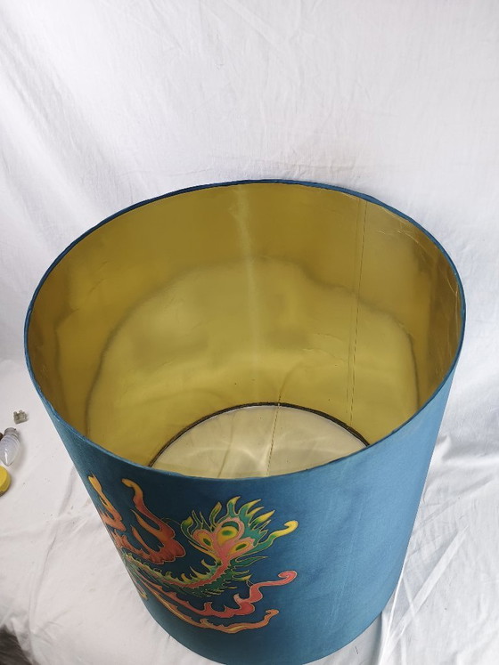 Image 1 of Handmade Signed Silk Dragon Lampshade, Large Vintage Style Table or Floor Lamp Shade, Asian Inspired Decorative Shade