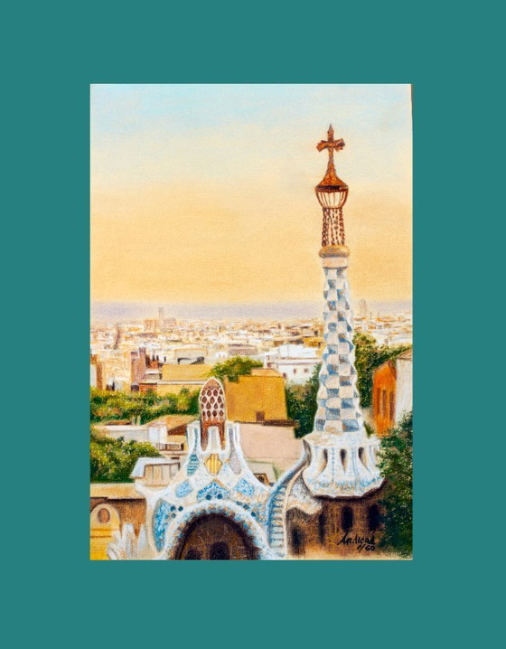 Image 1 of Drawing of Barcelona as seen from Park Güell. Park Güell drawing. Pastel drawing of Barcelona. Painting of Barcelona.