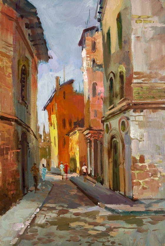 Image 1 of Original Oil Painting City Street Landscape Street of old memories of the city