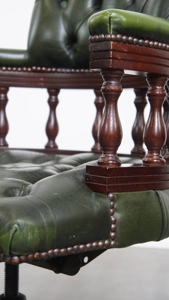 Image 1 of Green Beef Leather and Wood Chesterfield Office Chair