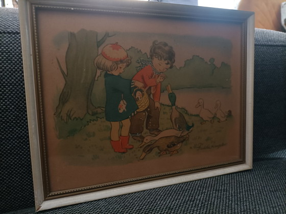 Image 1 of Set of 3 Vintage Children's Prints - 40s-50s - Charming Illustrations in Wooden Frames