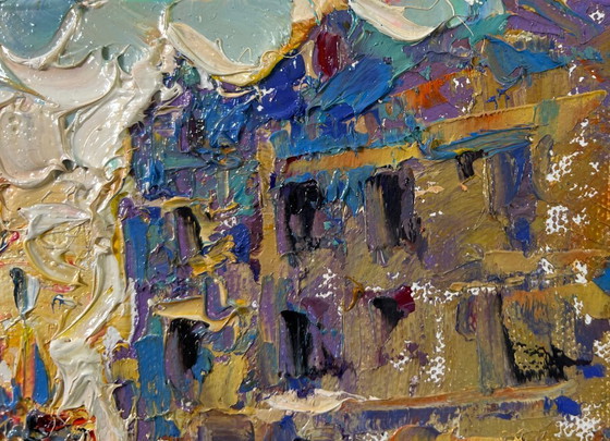 Image 1 of Original Oil Painting Day Street Landscape Twilight Over the City