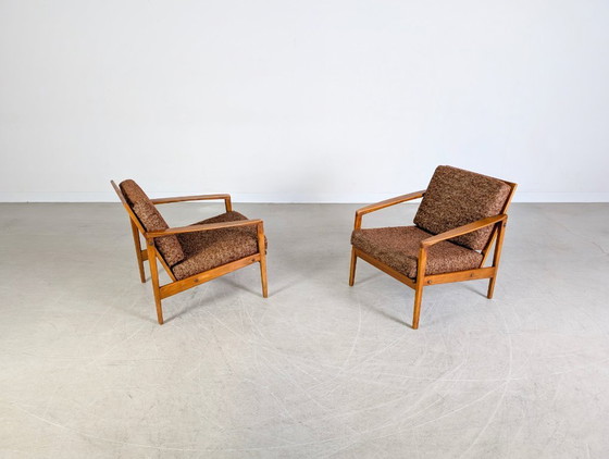 Image 1 of Ensemble de 2 fauteuils vintage style Midcentury, en noyer, années 1970
