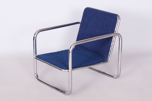 Originele Bauhaus-fauteuil, verchroomd staal, gereinigde bekleding, Tsjechisch, jaren 1950 – Metal, Textile