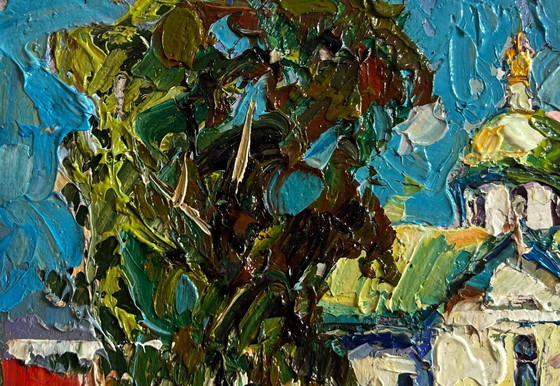 Image 1 of Original Oil Painting Summer Church Landscape Hike to the monastery