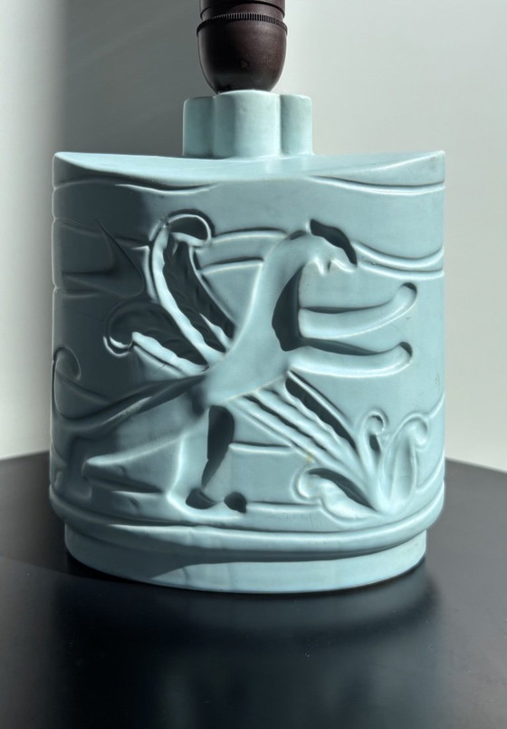 Rara Lampada da tavolo Art Déco danese in ceramica di LYFA – Rilievo Airone Celadon Opaco & Attacco (photo 2 of 15)